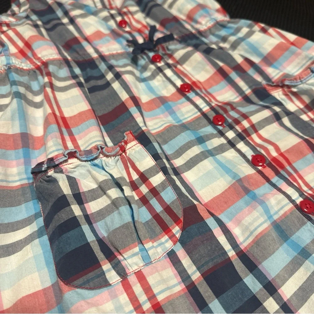 Oshkosh B'Gosh Girls 8 Summer Dress Classic Plaid Pockets Ruffles Bow School